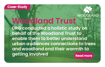 Link to case study: Woodland Trust. DRG conducted a holistic study on behalf of the Woodland Trust to enable them to better understand urban audiences connections to trees and woodland